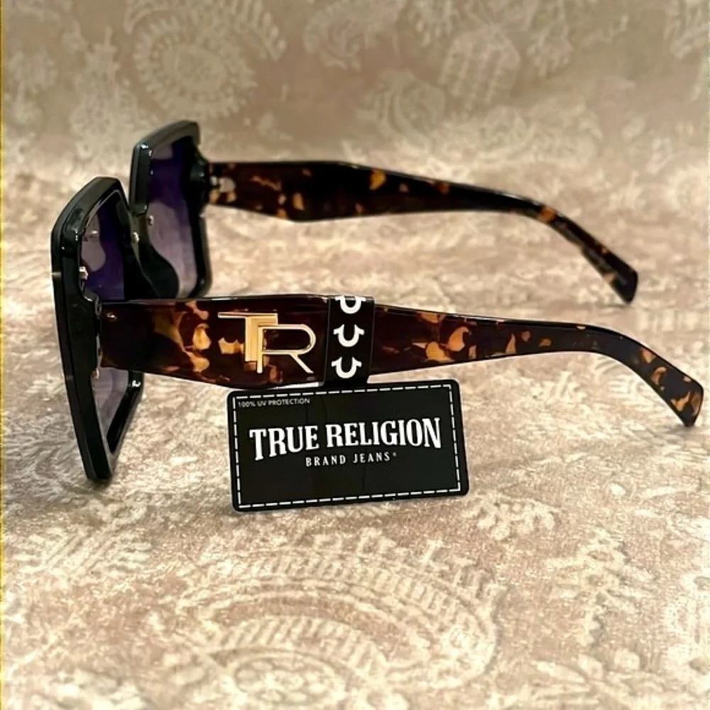 Brand New True Religion Oversized Square Sunglasses Tortoise Purple Lens